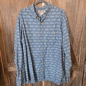 Duluth Trading Co Shirt Mens Size XL Tall Blue Fish Print Button Up Long Sleeve